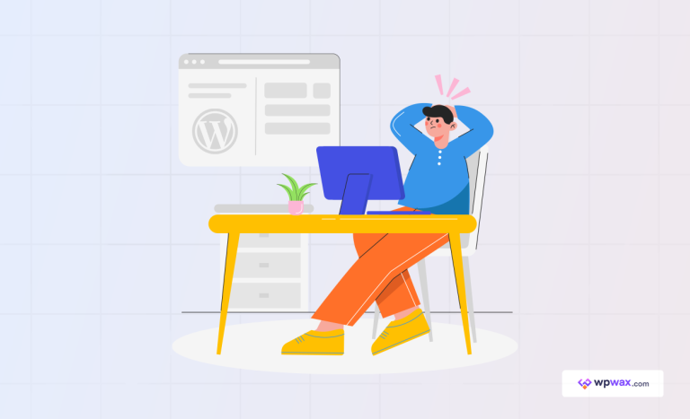 A Guide to Balance Your WordPress Work with Real Life Stress. One person is sitting in the chair and in the table he got one laptop open, he looks worried.